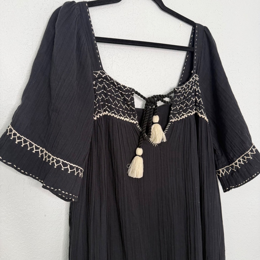 Free People Black Embroidered Gauze Maxi Dress Tassel Tie Back OB1118181 Mens M - Picture 5 of 5